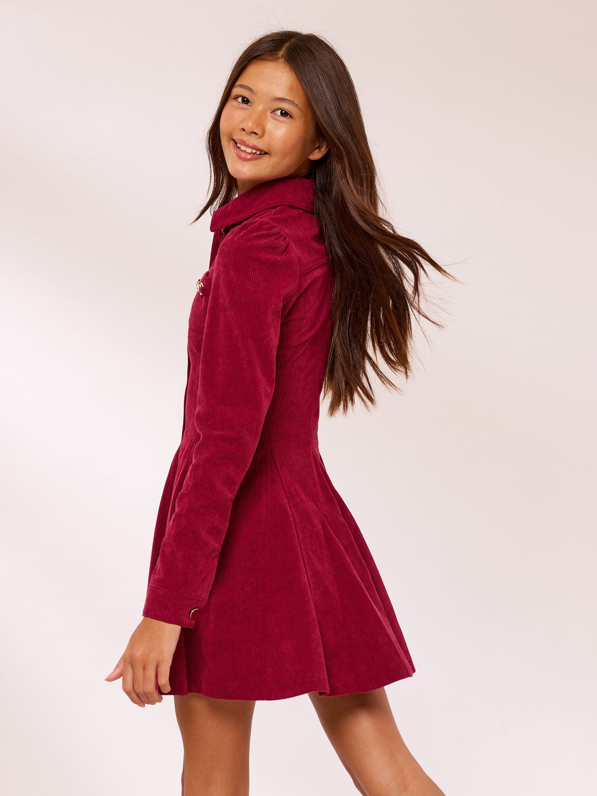 Lipsy Burgundy Red Cord Long Sleeve Collar Dress (5-16yrs) - image 5