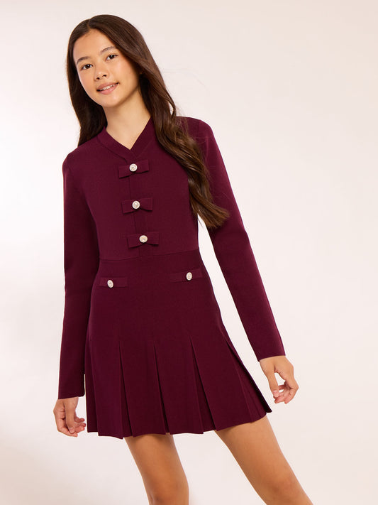 Lipsy Burgundy Red Bow Detail Knitted Kilt Dress (5-16yrs) - image 1