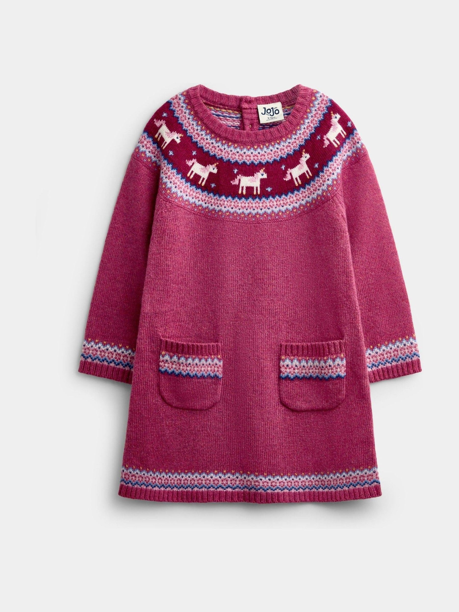 Dsiney Kidz - Jojo Maman Bébé Rose Pink Unicorn Fairisle Knitted Dress image 1
