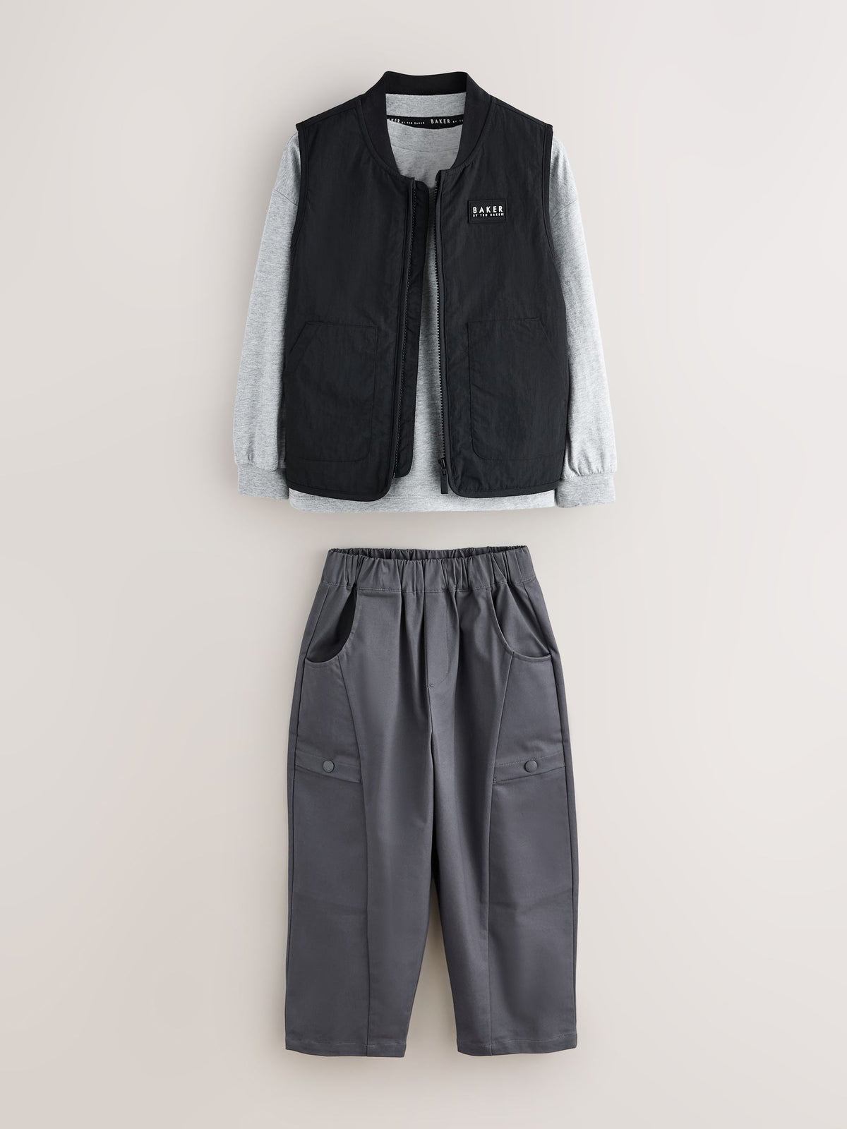 Baker by Ted Baker Black 3 Piece Gilet Grey Marl T-Shirt and Woven Cargo Trousers Set - image 15