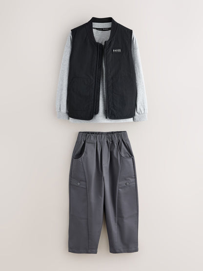 Baker by Ted Baker Black 3 Piece Gilet Grey Marl T-Shirt and Woven Cargo Trousers Set - image 15