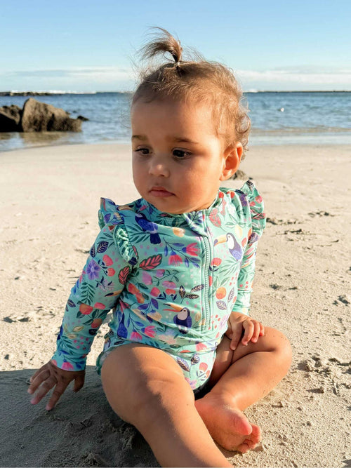 Dsiney Kidz - Purebaby Green Printed Frilly Long Sleeve Swimsuit image 1