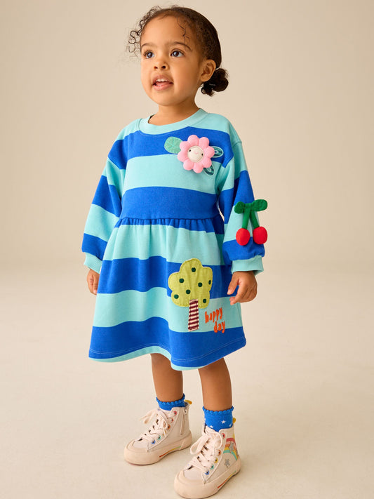 Blue/Navy Stripe Bunny Long Sleeve Sweat Dress (3mths-7yrs) - image 1
