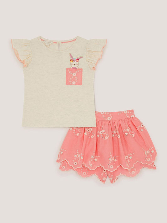 Monsoon Pink Bunny T-Shirt & Broderie Skort Set image 2