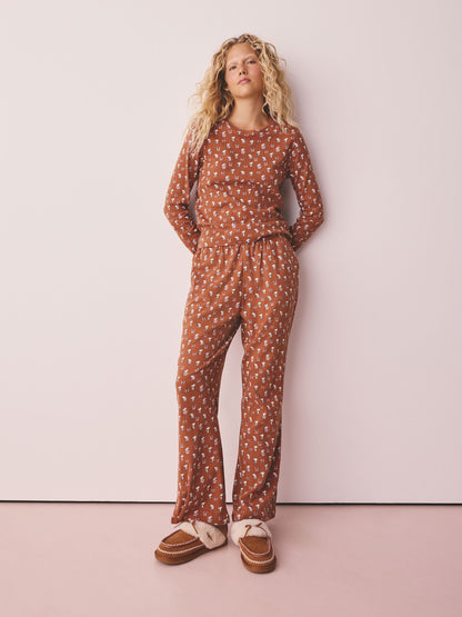 Rust Brown Snoopy Pointelle Long Sleeve Kickflare Pyjamas - image 2