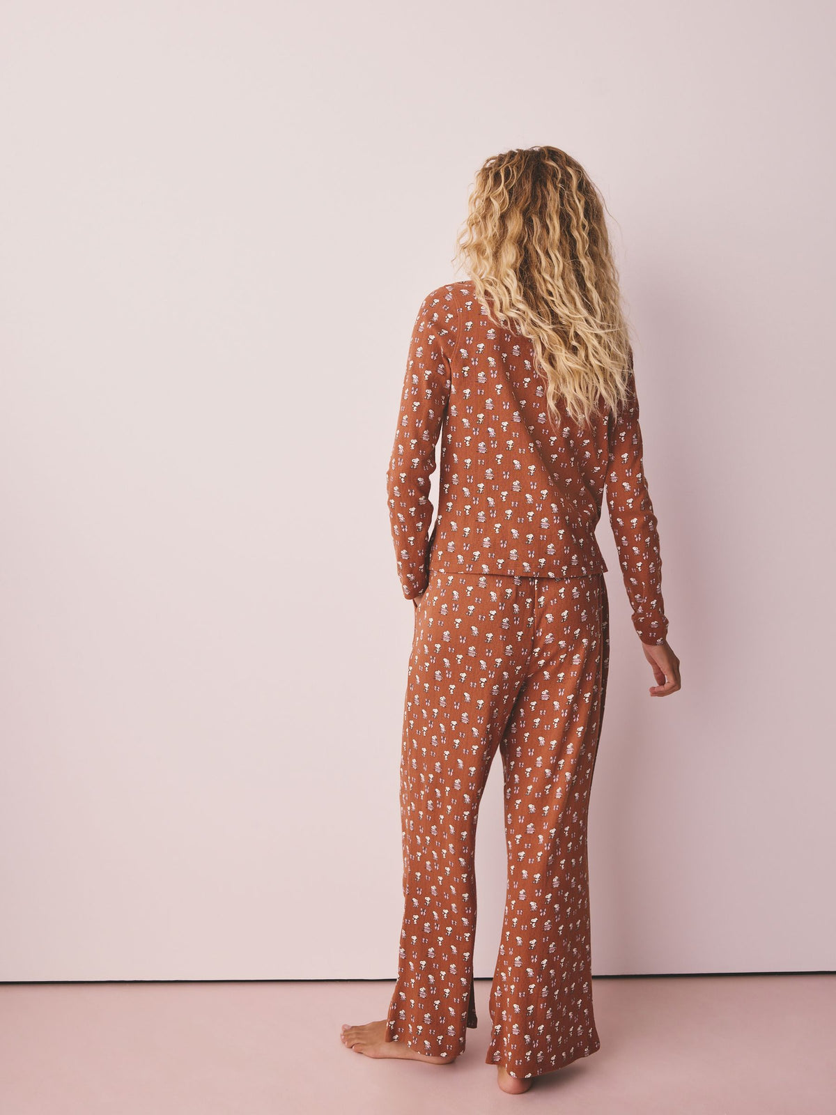 Rust Brown Snoopy Pointelle Long Sleeve Kickflare Pyjamas - image 3