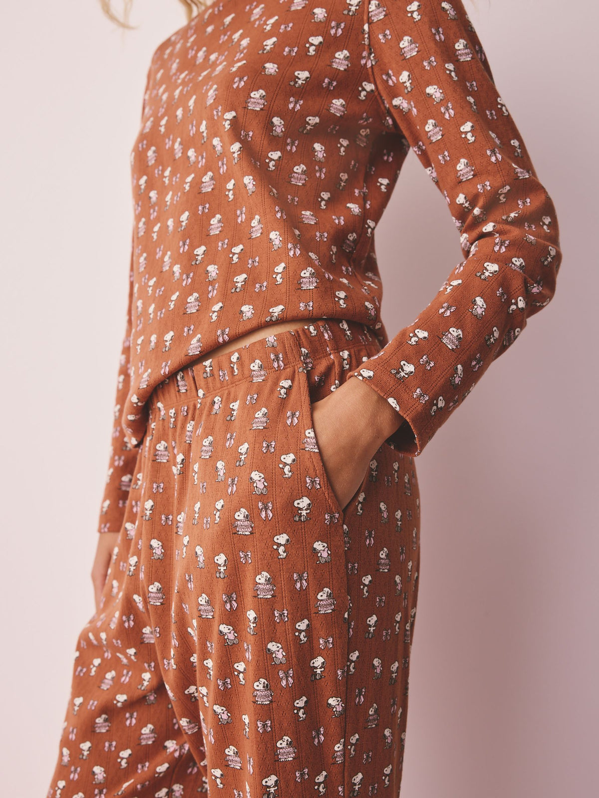 Rust Brown Snoopy Pointelle Long Sleeve Kickflare Pyjamas - image 4