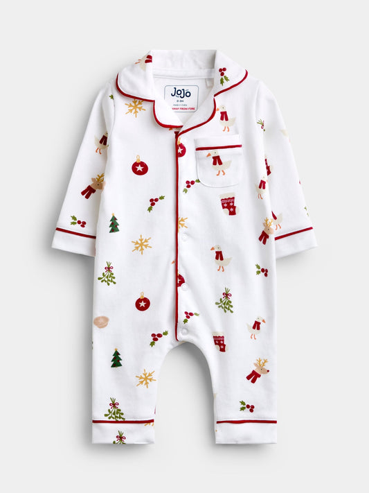 JoJo Maman Bébé White Christmas Print Jersey All-In-One Pyjamas - image 1