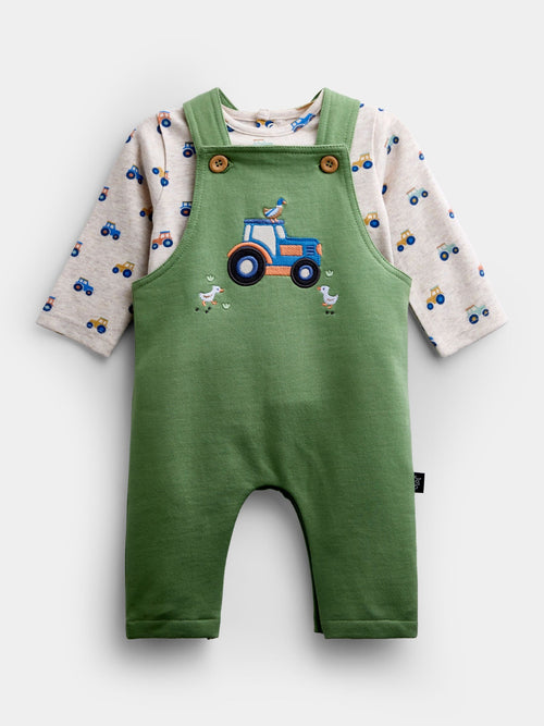 Dsiney Kidz - JoJo Maman Bébé Green Tractor Jersey Dungaree & Bodysuit Set image 1