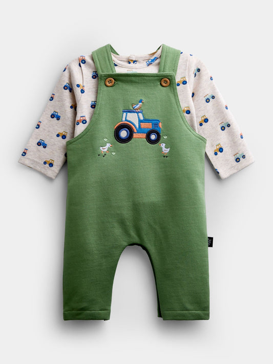 Dsiney Kidz - JoJo Maman Bébé Green Tractor Jersey Dungaree & Bodysuit Set image 1