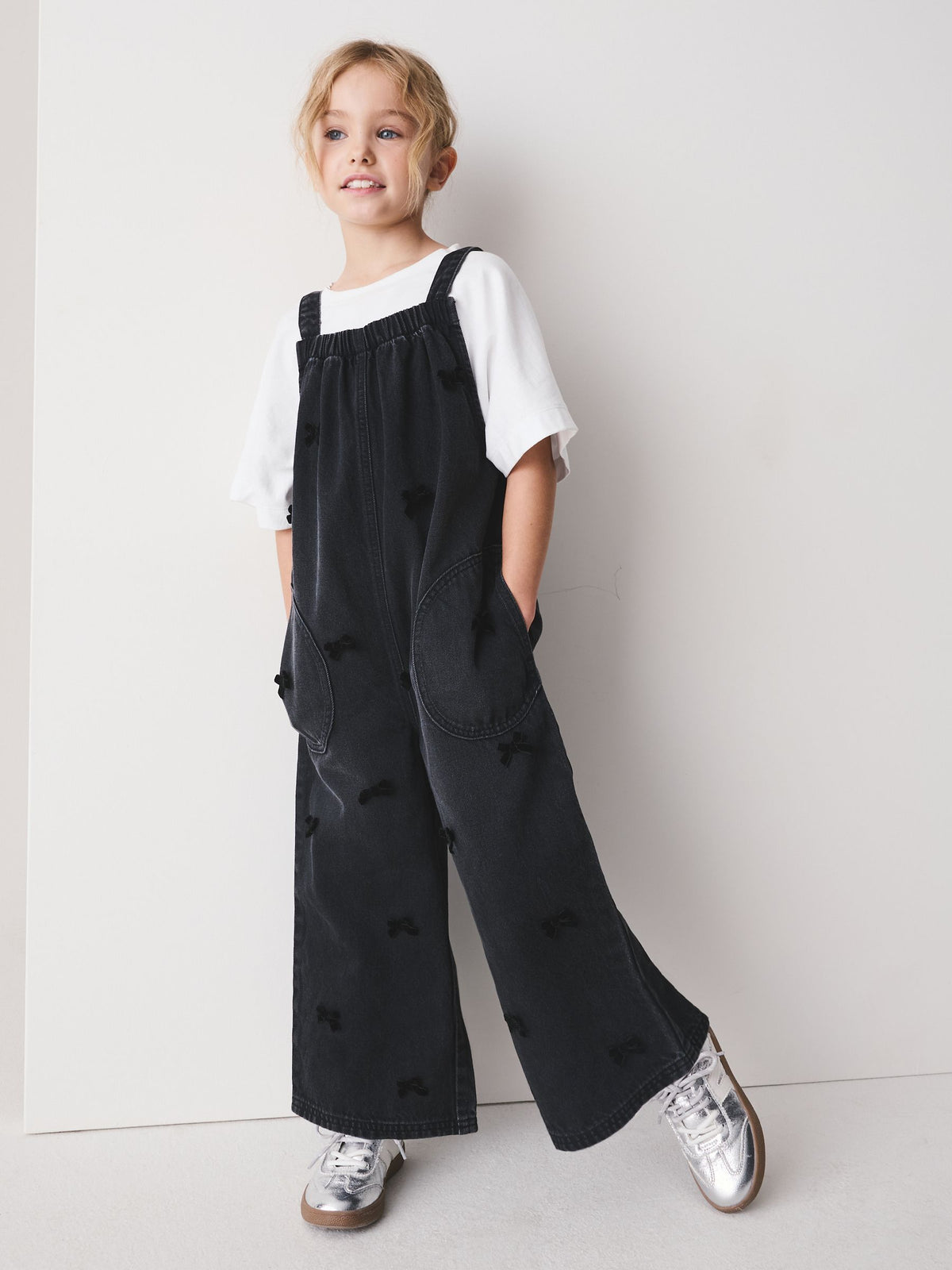 Charcoal Grey Velvet Bow Dungarees (3-16yrs) - image 1