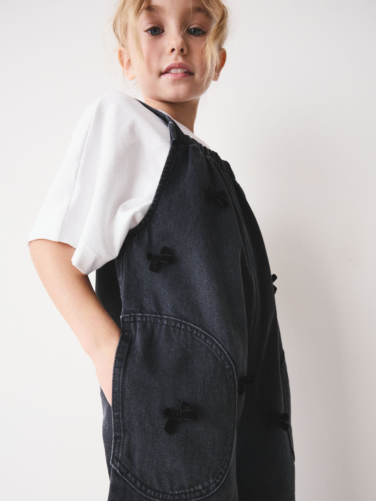 Charcoal Grey Velvet Bow Dungarees (3-16yrs) - image 3