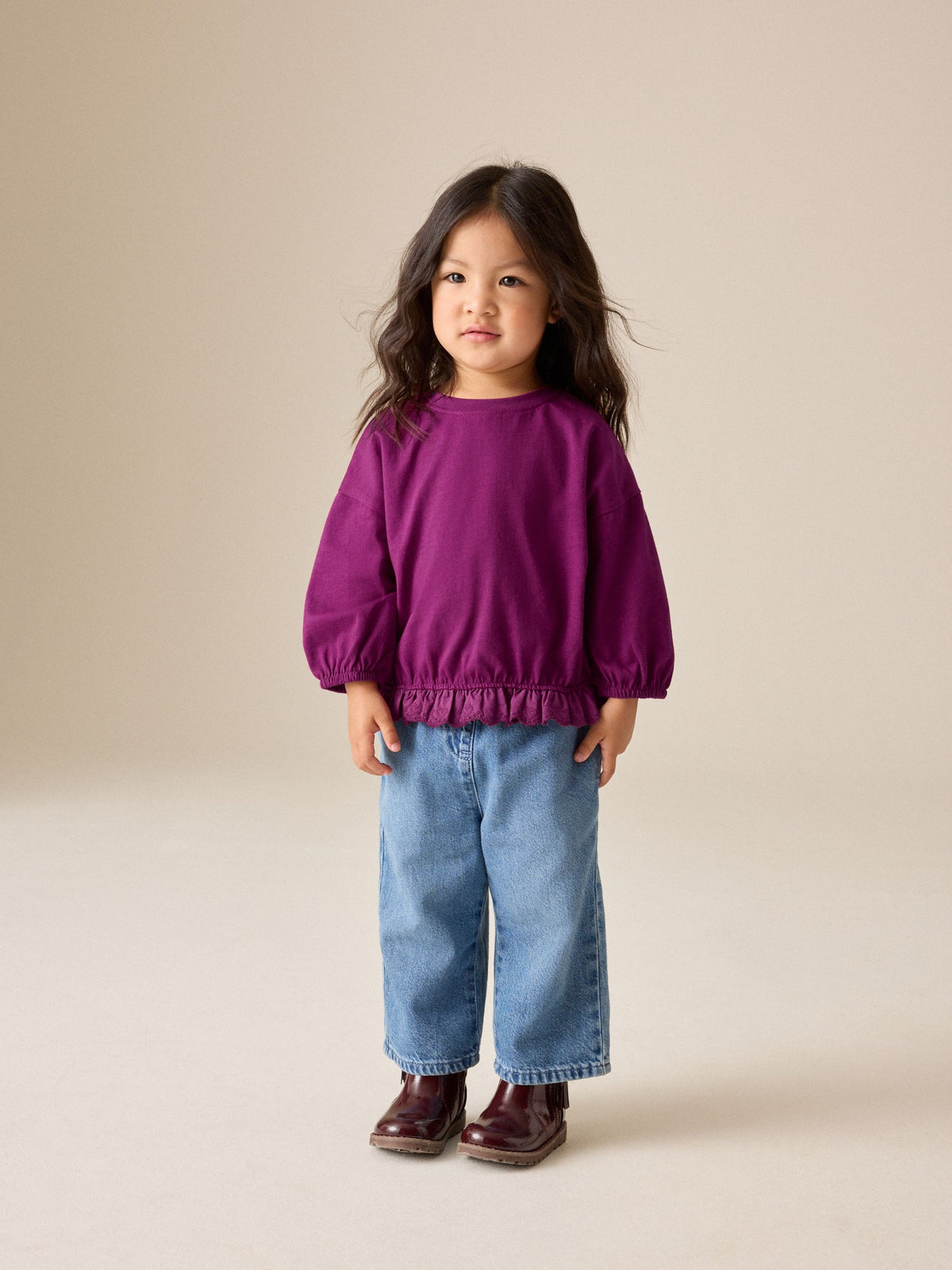 Burgundy Long Sleeve Broderie Hem Top (3mths-7yrs) - image 2