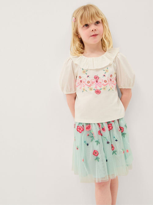 Monsoon Blue Sequin Bow Top & Floral Skirt Set image 1