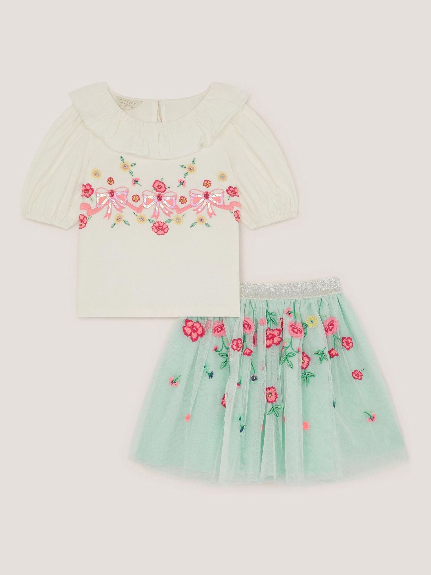 Monsoon Blue Sequin Bow Top & Floral Skirt Set image 2
