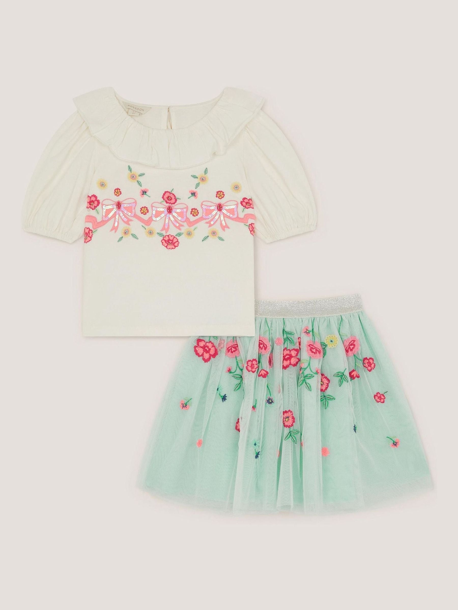 Monsoon Blue Sequin Bow Top & Floral Skirt Set image 2