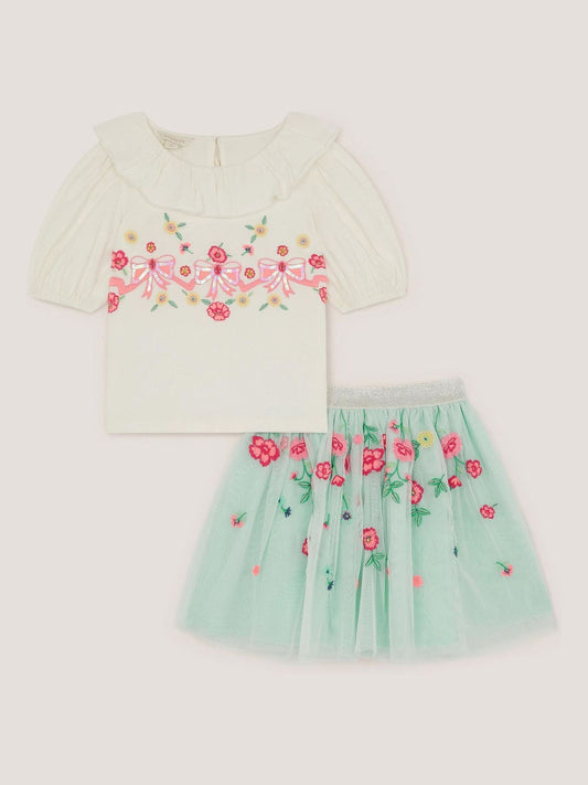 Monsoon Blue Sequin Bow Top & Floral Skirt Set image 2
