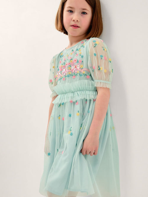 Dsiney Kidz - Monsoon Blue Puff Sleeve Floral Mesh Dress image 1