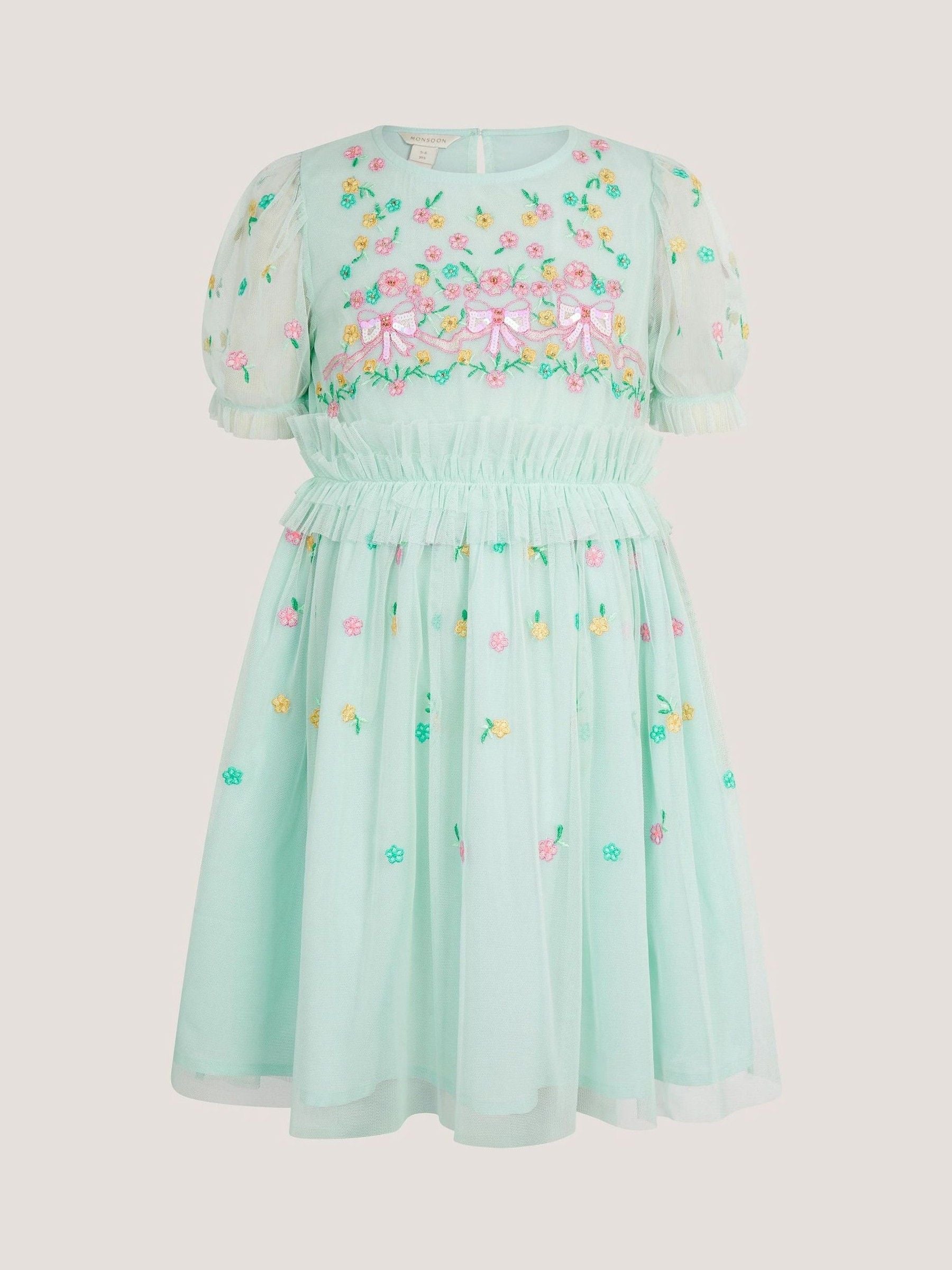 Monsoon Blue Puff Sleeve Floral Mesh Dress image 3