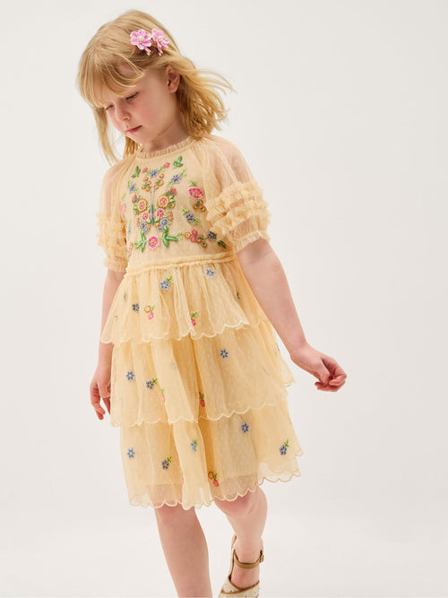 Monsoon Yellow Embroidered Floral Scallop Tiered Dress image 1