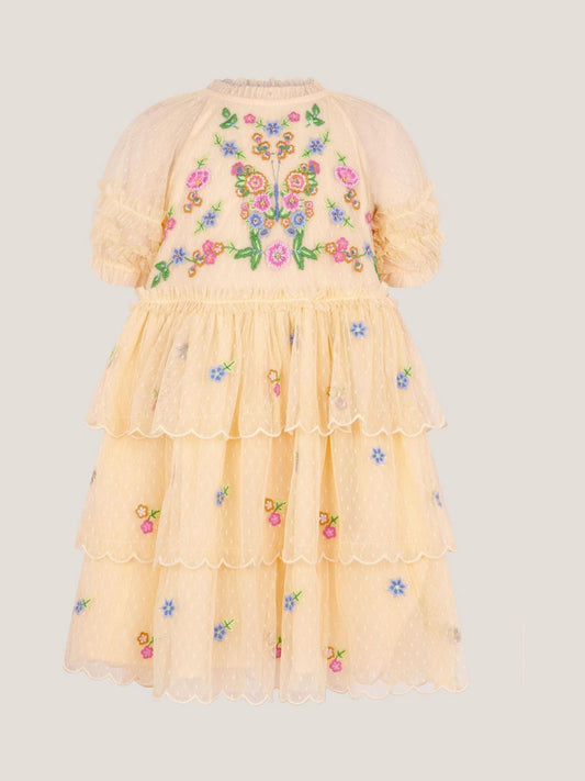 Monsoon Yellow Embroidered Floral Scallop Tiered Dress image 2