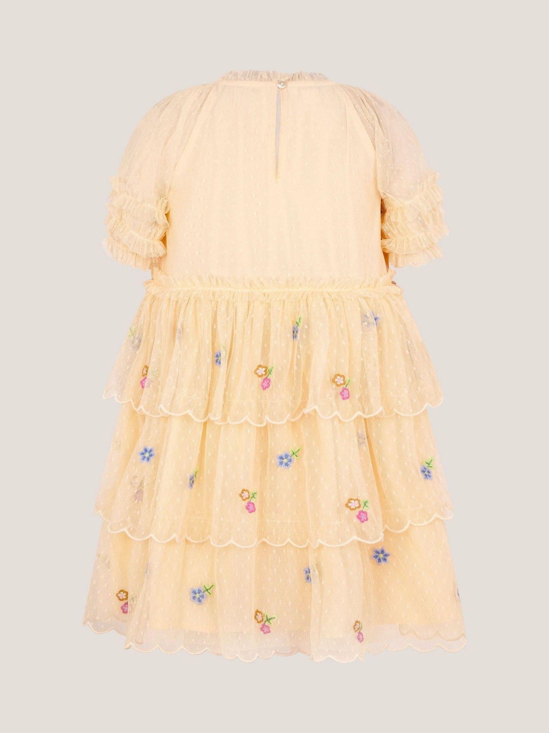 Monsoon Yellow Embroidered Floral Scallop Tiered Dress image 3