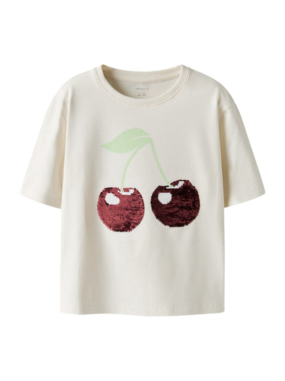 Dsiney Kidz - Name It White Kids Sequin Cherry Boxy Short Sleeves T-Shirt image 1