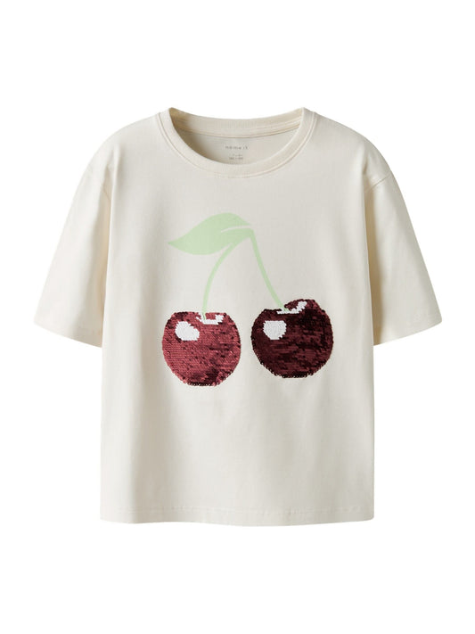 Dsiney Kidz - Name It White Kids Sequin Cherry Boxy Short Sleeves T-Shirt image 1