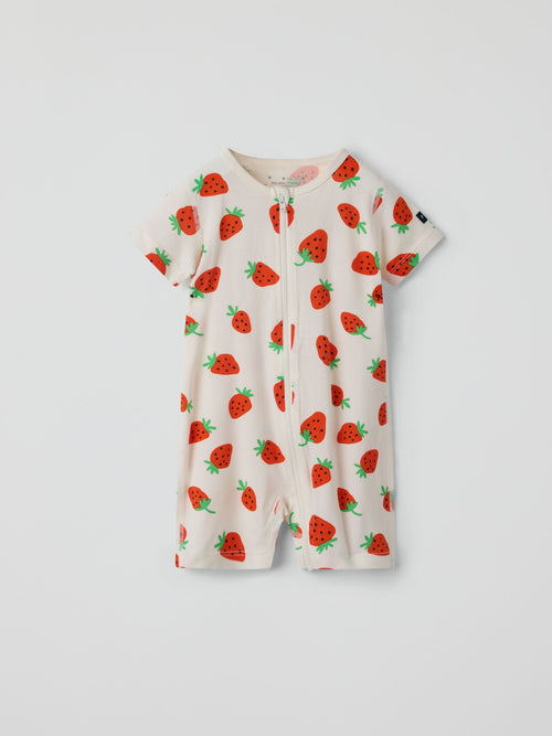 Polarn O. Pyret Cream Strawberry Print Short Sleepsuit image 1