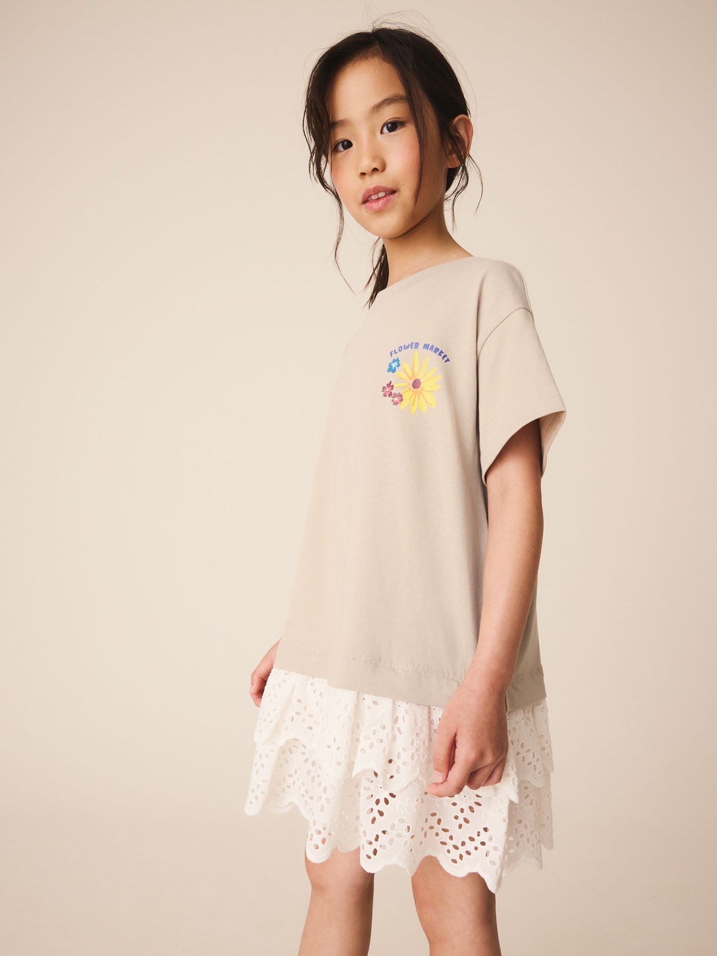Dsiney Kidz - Neutral Brown Broderie Hem T-Shirt Dress (3-16yrs) image 2