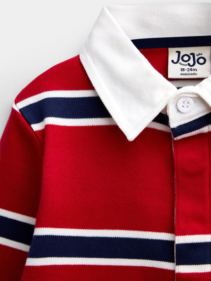 Dsiney Kidz - JoJo Maman Bébé Bright Red Stripe Classic Rugby Top image 3