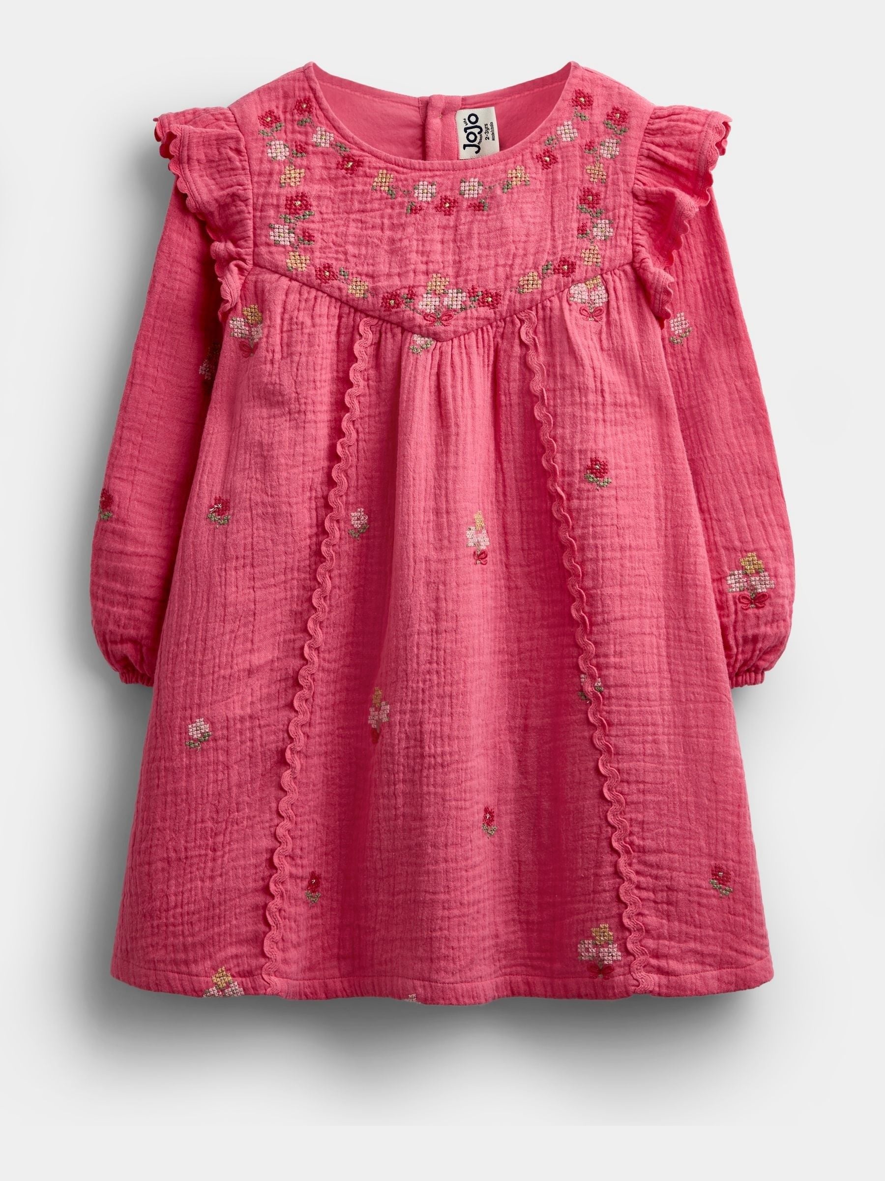 Dsiney Kidz - JoJo Maman Bébé Rust Orange Floral Cross Stitch Ruffle Sleeve Dress image 1