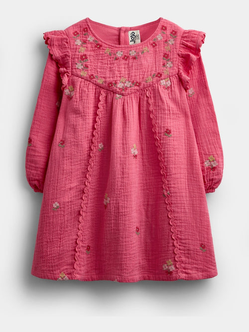 Dsiney Kidz - JoJo Maman Bébé Rust Orange Floral Cross Stitch Ruffle Sleeve Dress image 1