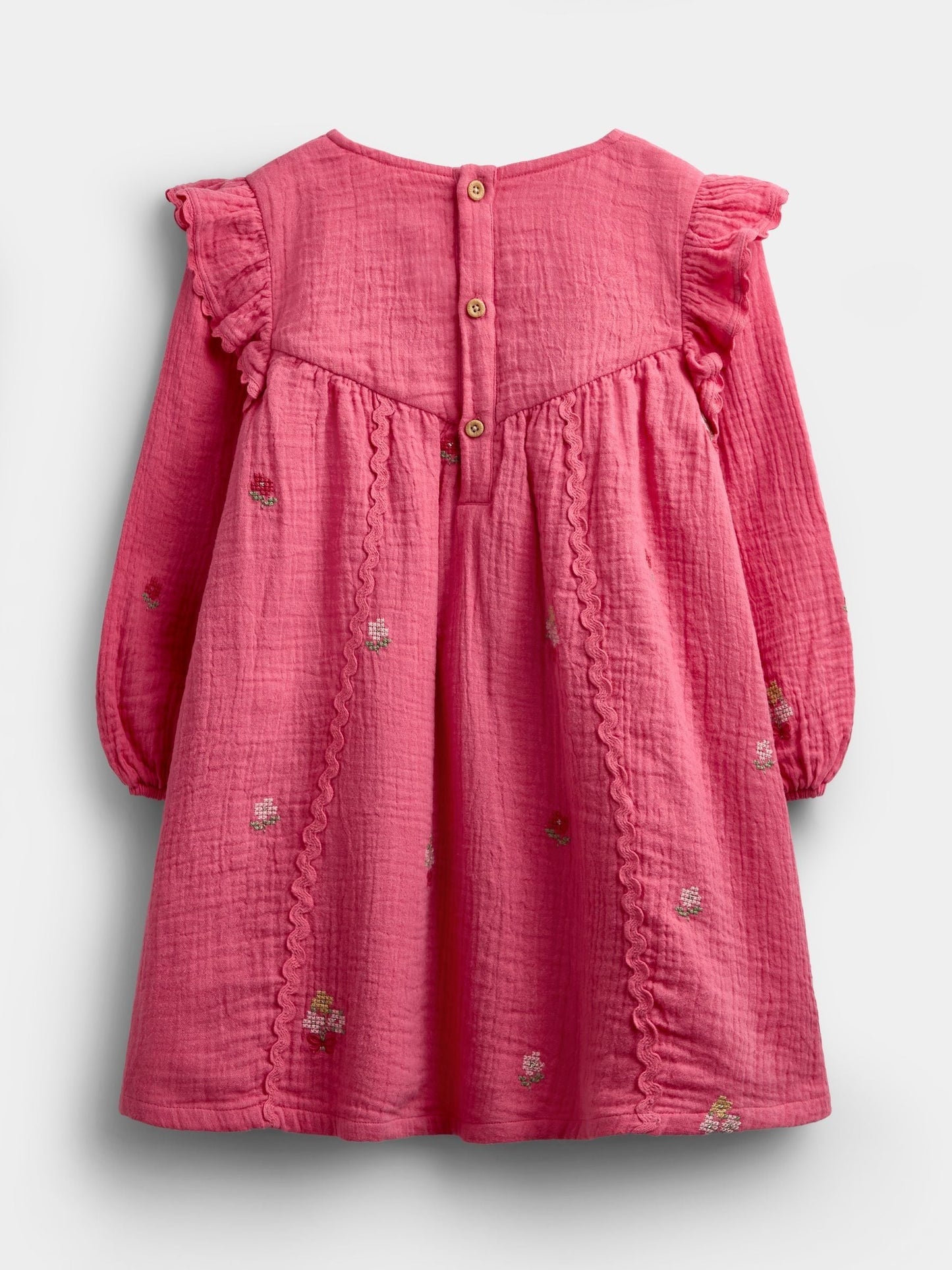 Dsiney Kidz - JoJo Maman Bébé Rust Orange Floral Cross Stitch Ruffle Sleeve Dress image 2