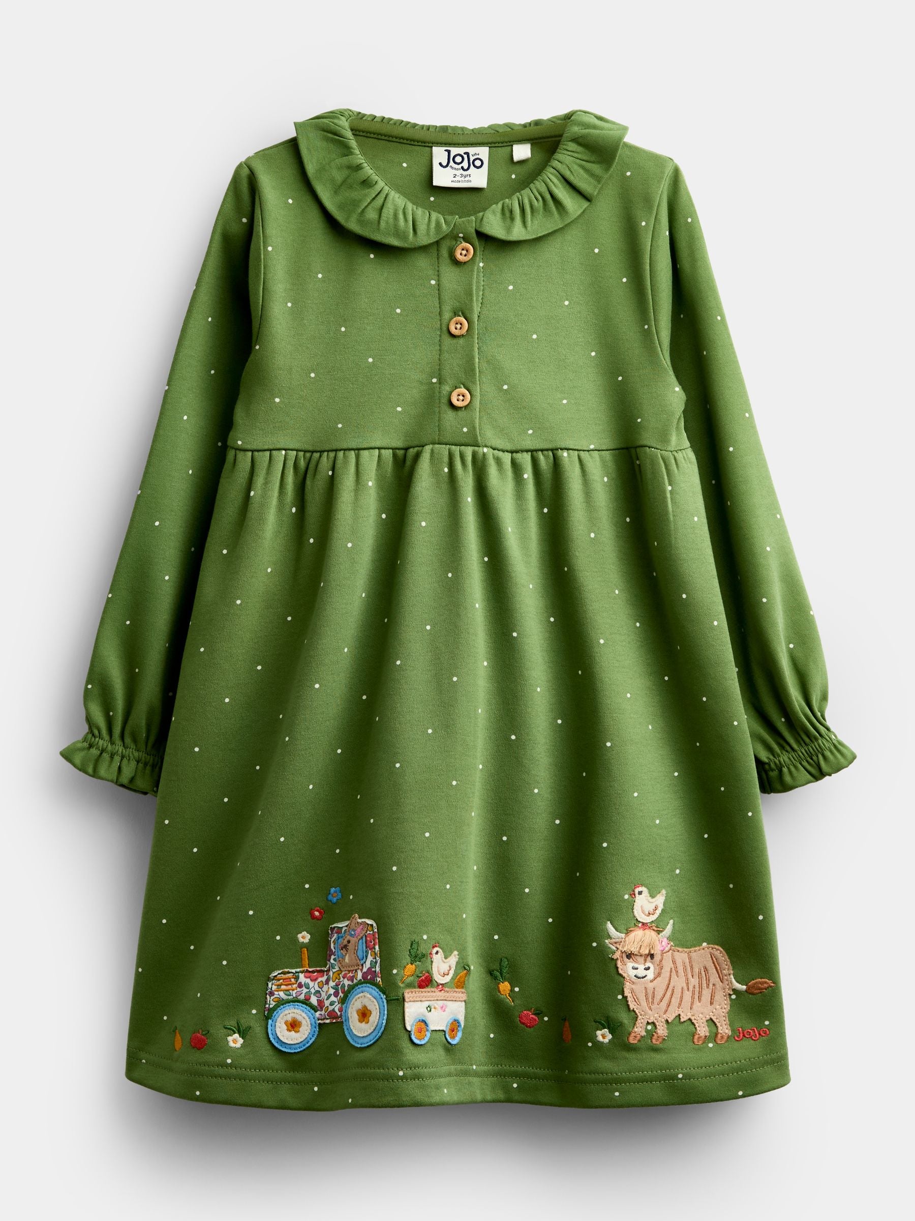 Dsiney Kidz - Jojo Maman Bébé Khaki Green Farm Appliqué Button Front Dress image 1