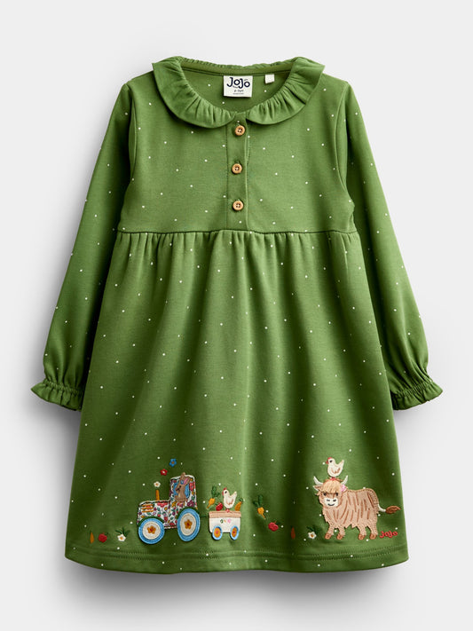 Dsiney Kidz - Jojo Maman Bébé Khaki Green Farm Appliqué Button Front Dress image 1