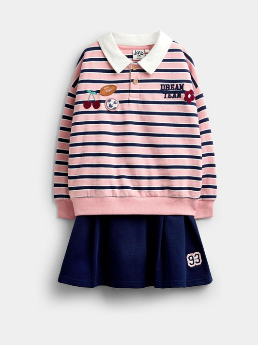 Dsiney Kidz - JoJo Maman Bébé Rose Pink Stripe Rugby Sweatshirt & Skirt Set image 1