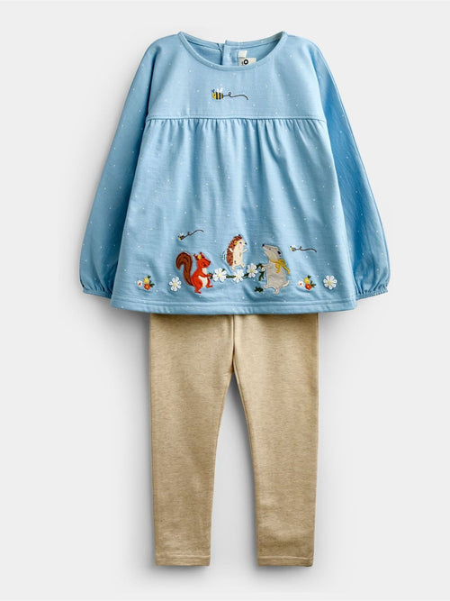 JoJo Maman Bébé Light Blue Woodland Friends Appliqué Tunic & Legging Set image 1