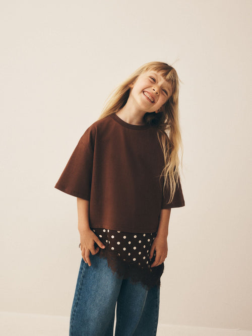 Dsiney Kidz - Chocolate Brown Spot Lace Asymmetric T-Shirt (3-16yrs) image 1