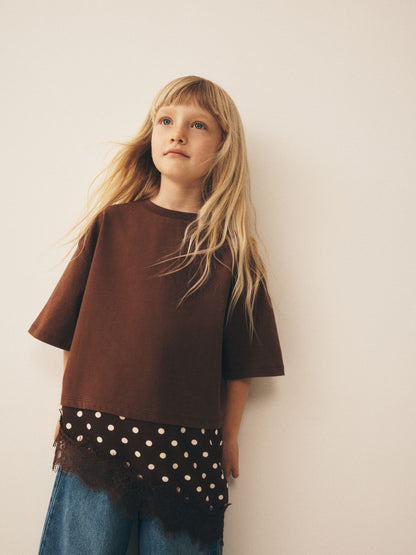 Dsiney Kidz - Chocolate Brown Spot Lace Asymmetric T-Shirt (3-16yrs) image 2