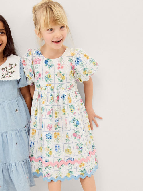 Monsoon Cream Bonnie Puff Sleeve Checkerboard Floral Dress image 1