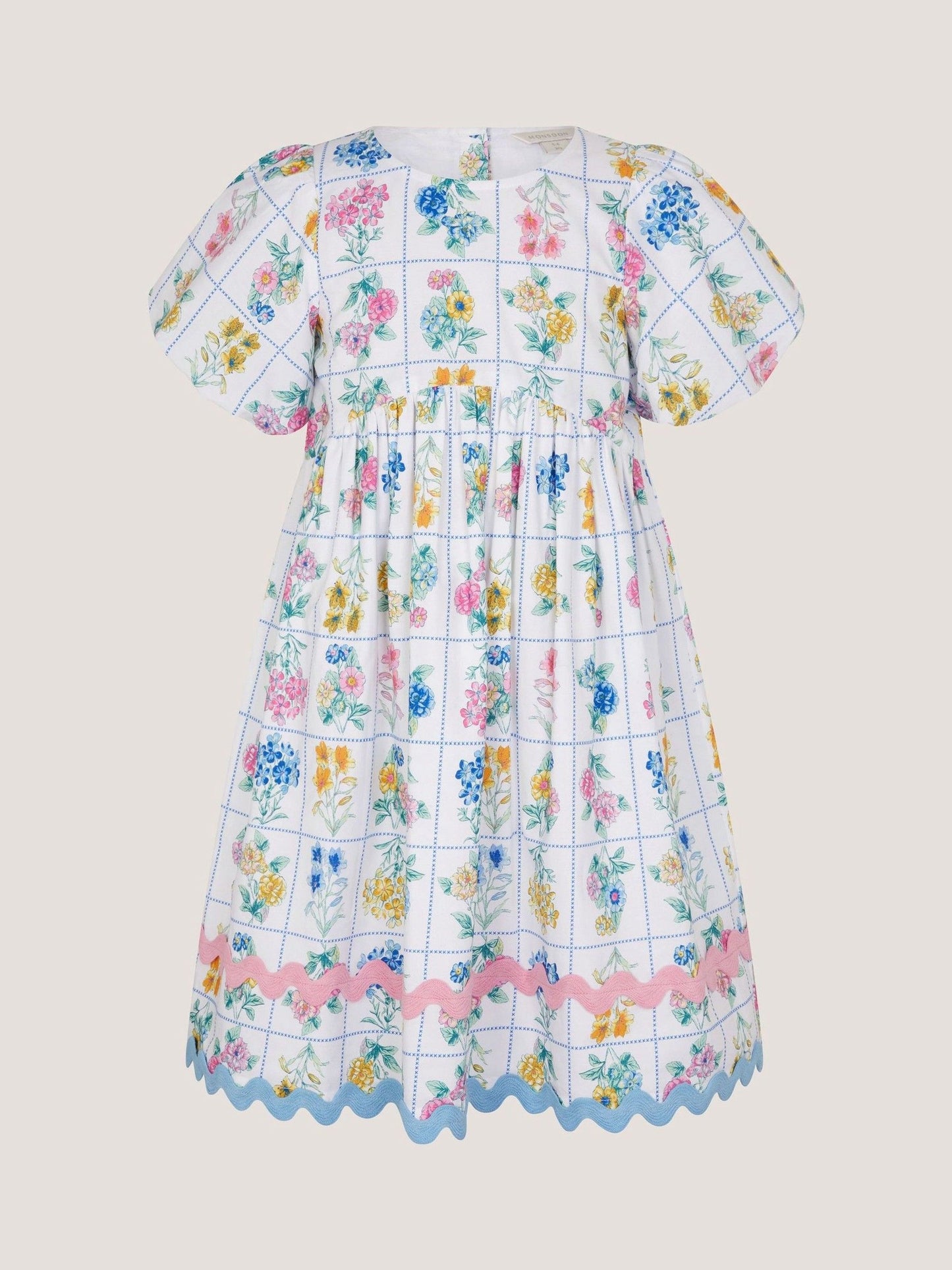Monsoon Cream Bonnie Puff Sleeve Checkerboard Floral Dress image 2