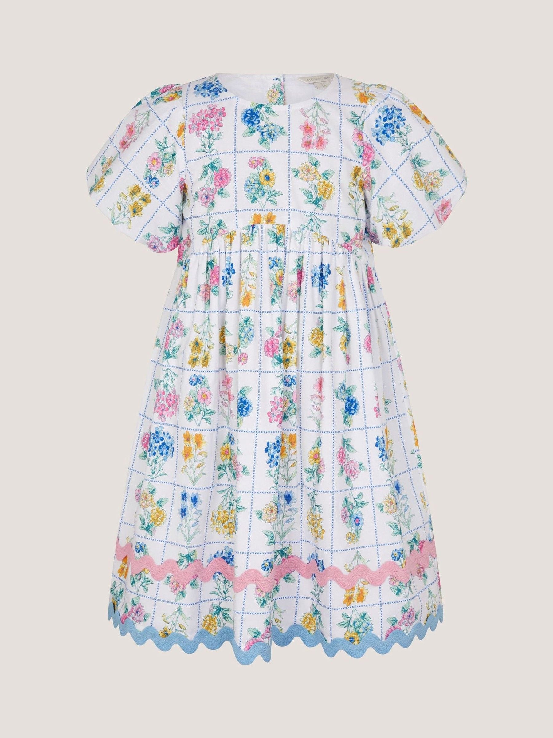 Monsoon Cream Bonnie Puff Sleeve Checkerboard Floral Dress image 2