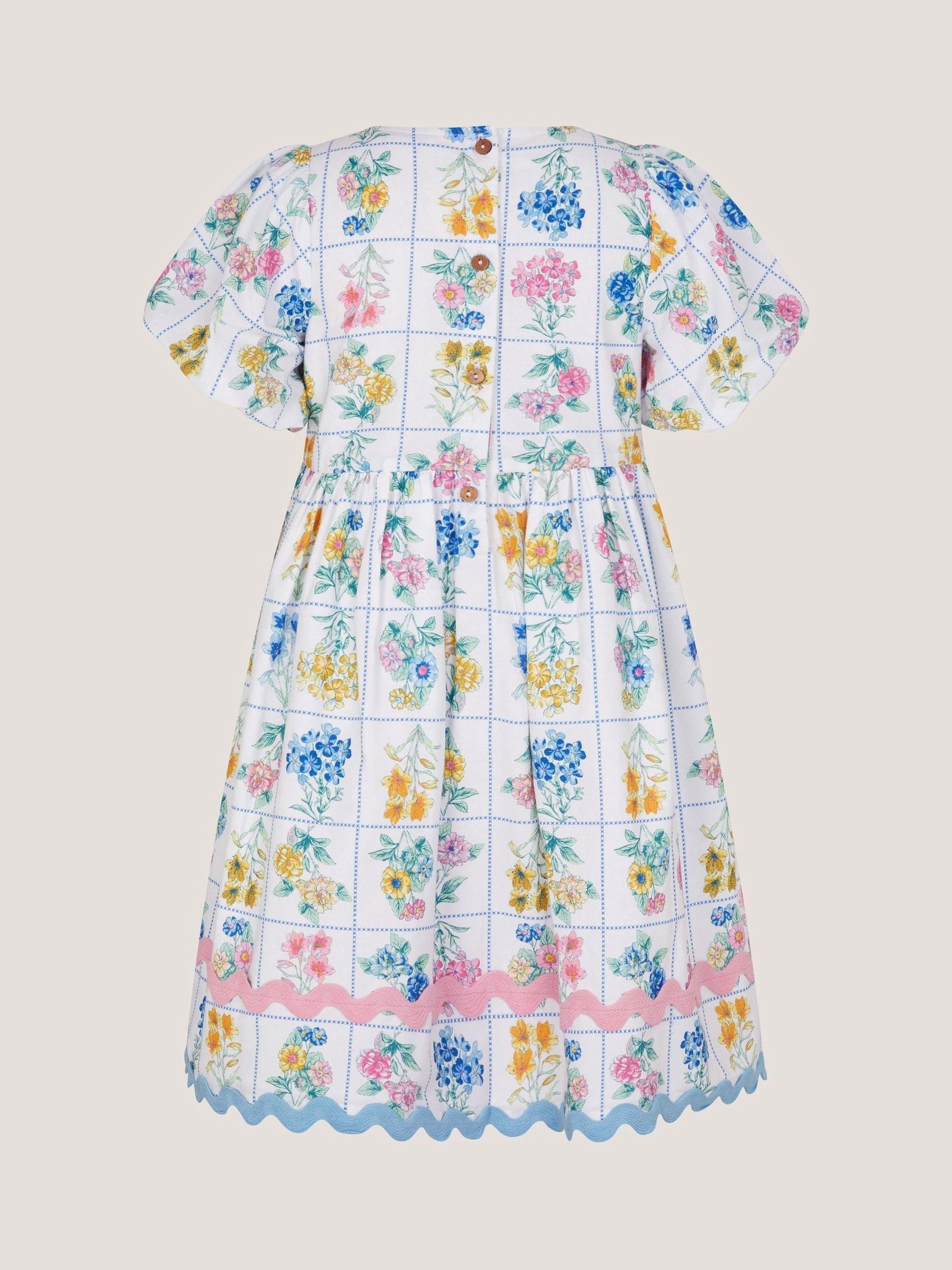 Monsoon Cream Bonnie Puff Sleeve Checkerboard Floral Dress image 3