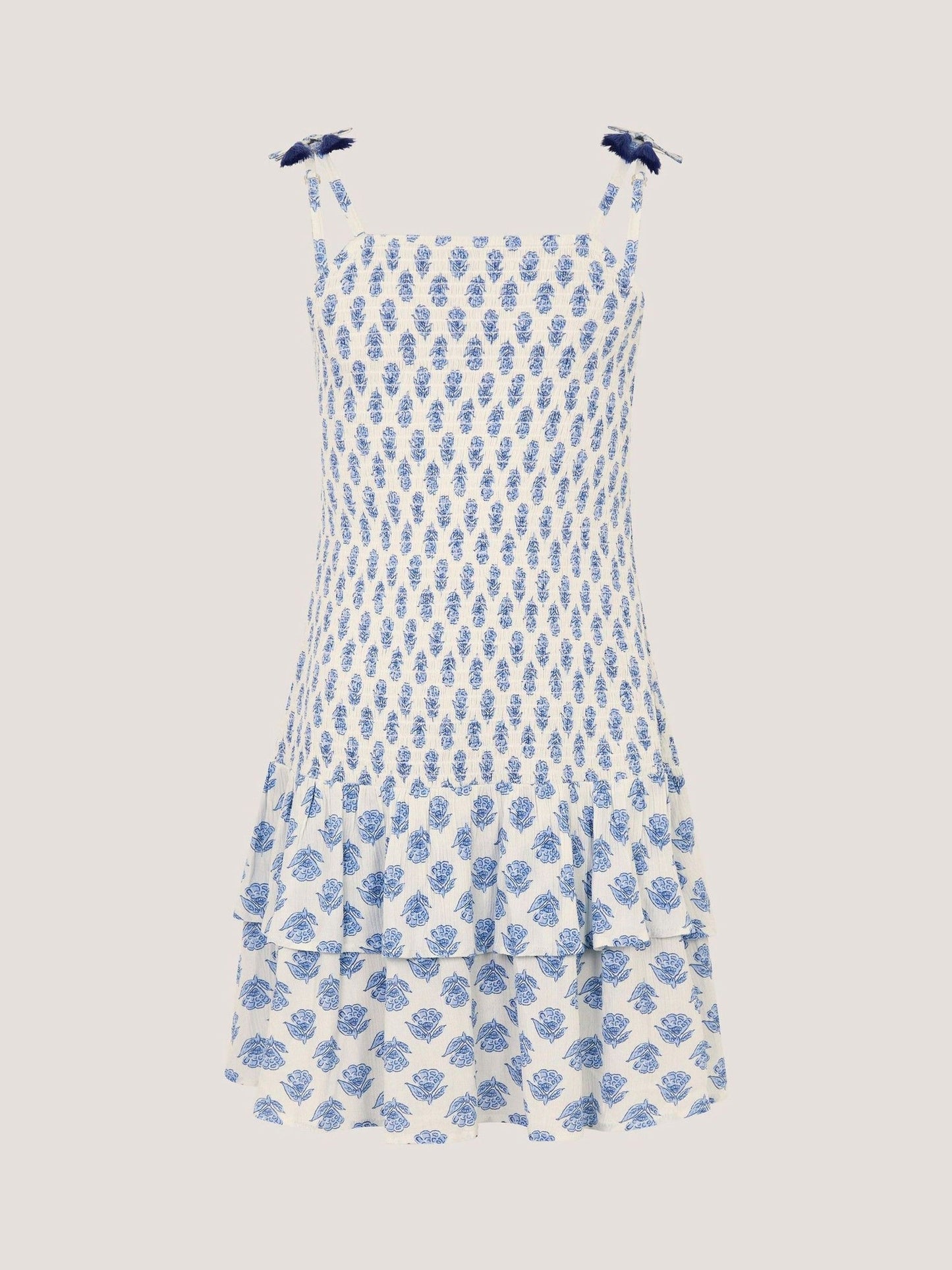 Monsoon White Floral Print Smocked Dress image 1