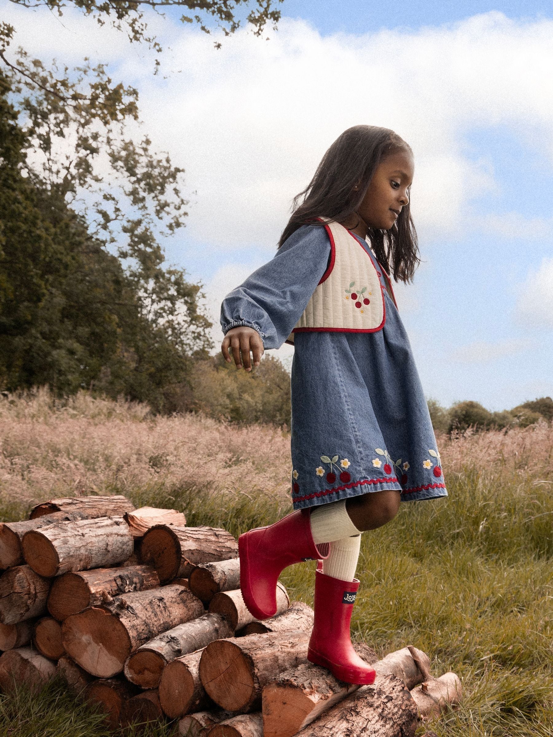 Dsiney Kidz - JoJo Maman Bébé Denim Cherry Embroidered Denim Dress & Quilted Waistcoat image 1