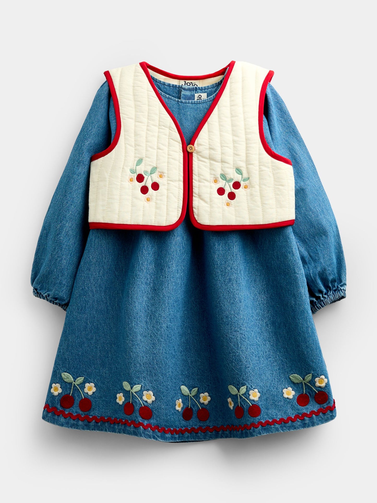 Dsiney Kidz - JoJo Maman Bébé Denim Cherry Embroidered Denim Dress & Quilted Waistcoat image 2