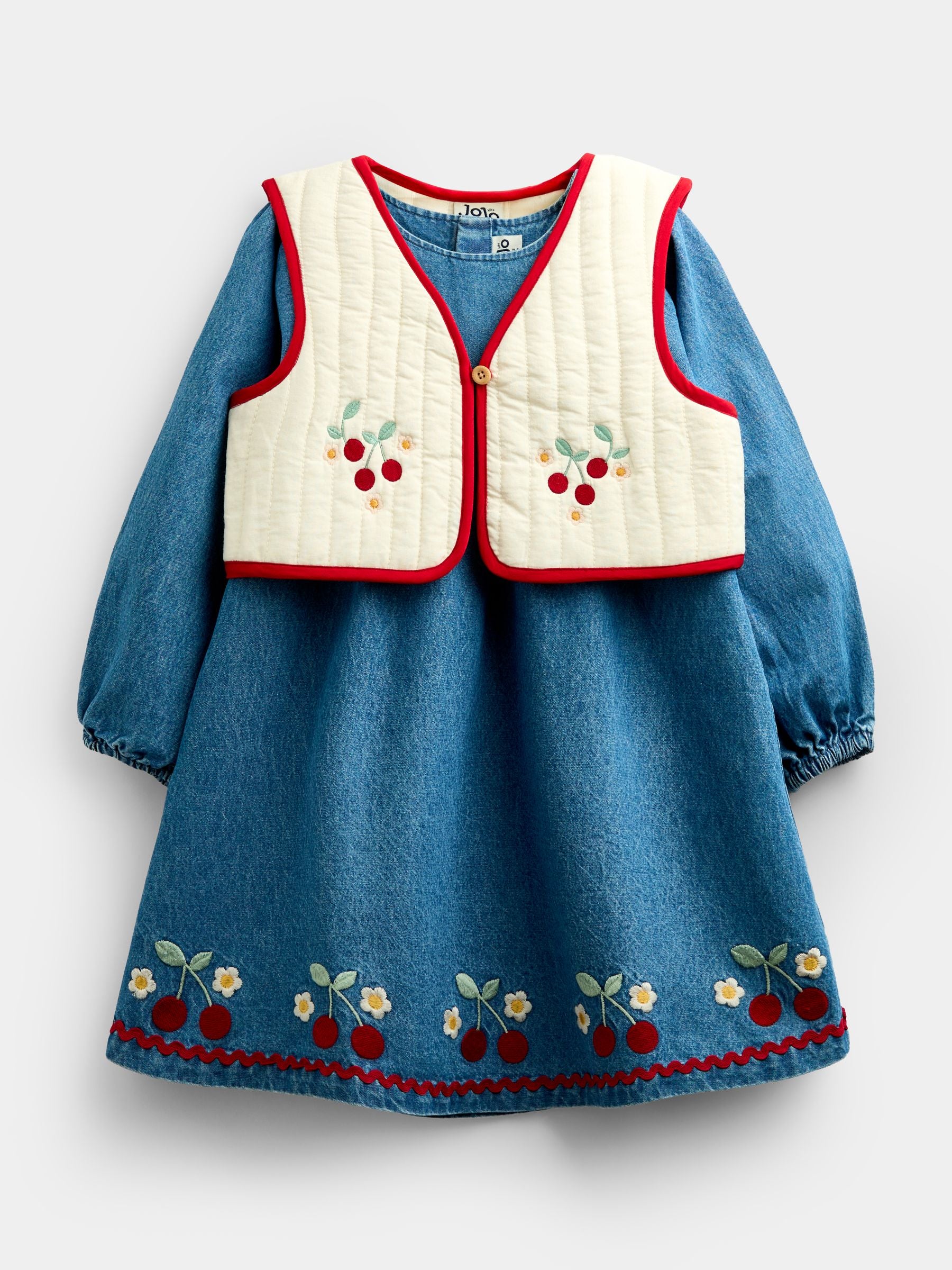 Dsiney Kidz - JoJo Maman Bébé Denim Cherry Embroidered Denim Dress & Quilted Waistcoat image 2