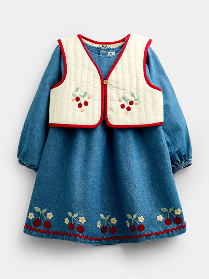 Dsiney Kidz - JoJo Maman Bébé Denim Cherry Embroidered Denim Dress & Quilted Waistcoat image 2