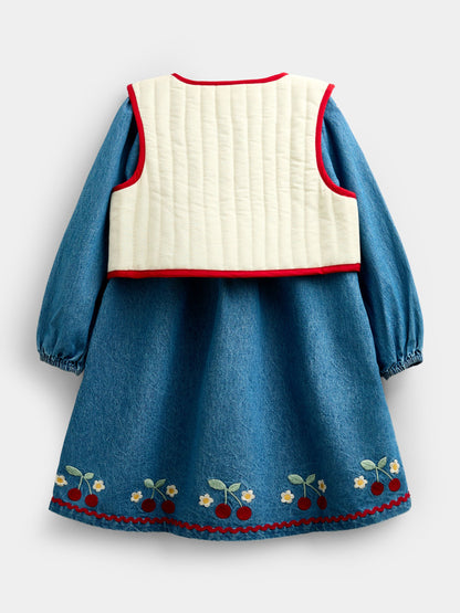 Dsiney Kidz - JoJo Maman Bébé Denim Cherry Embroidered Denim Dress & Quilted Waistcoat image 3